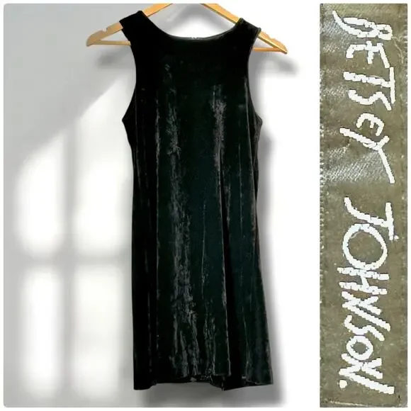 Vintage Betsey Johnson Large 1990s Black Stretch Crushed Velvet Dress Tunic Tank - Picture 2 of 13